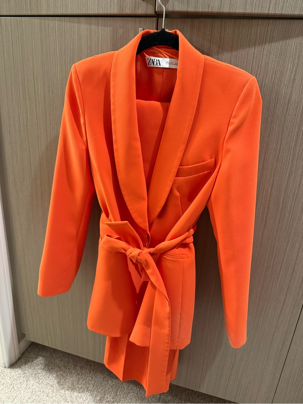 ZARA Bright Orange Tie-Belt Shawl Collar Blazer
